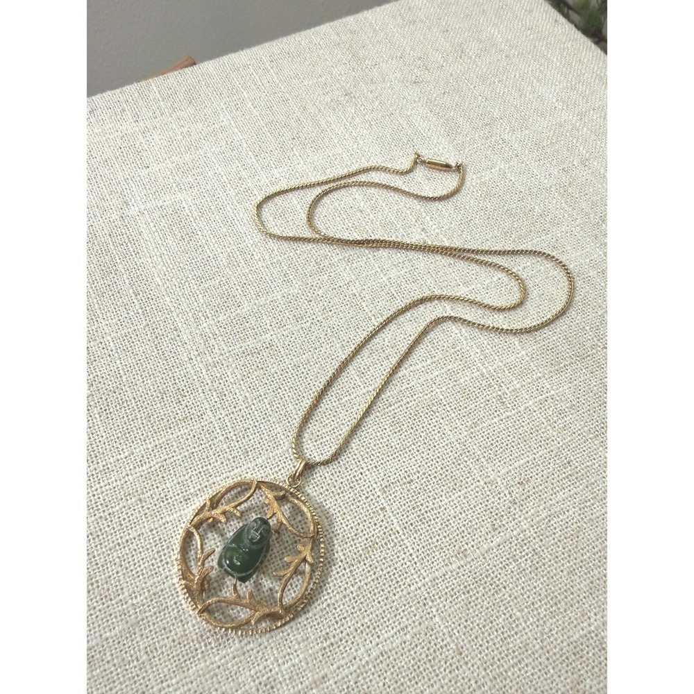 Vintage Krementz Gold Overlay Green carved Jade‎ Buddha Pendant Necklace 24 inch